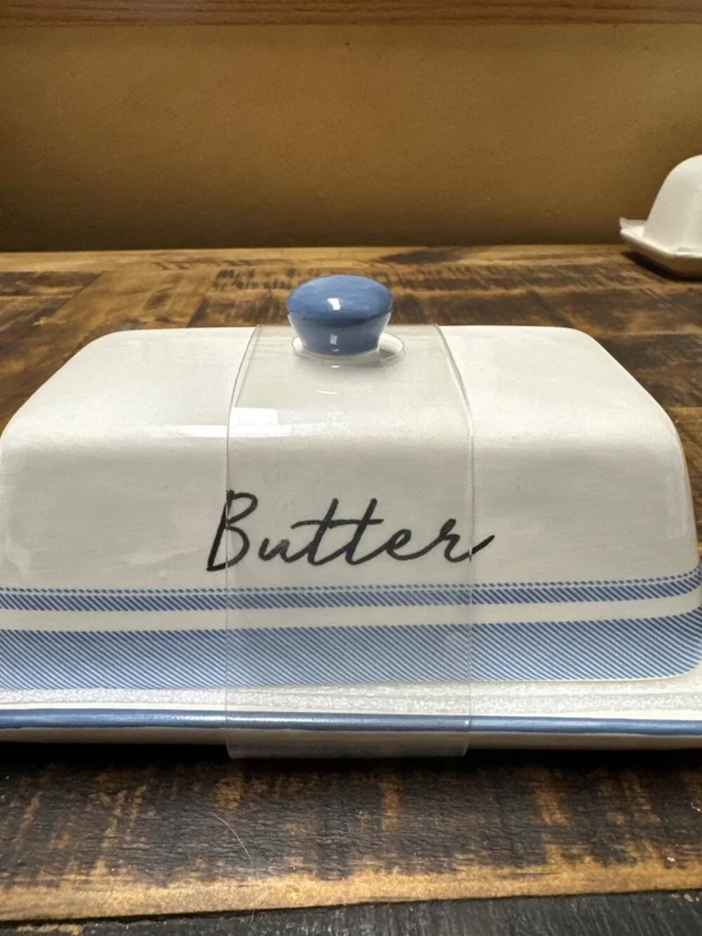Butter dish dairy. Kitchen blue and white features fluted detail script butter